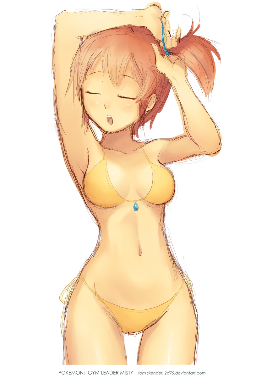1girl absurdres armpits arms_up artist_name bare_arms bikini breasts breasts_apart character_name closed_eyes collarbone copyright_name cowboy_shot gym_leader hair_tie highres holding holding_hair kasumi_(pokemon) navel open_mouth pokemon redhead short_hair side-tie_bikini side-tie_bottom side_ponytail simple_background sketch solo standing stomach swimsuit tom_skender tying_hair watermark web_address white_background yellow_bikini
