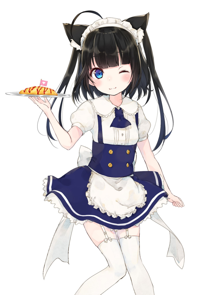 1girl ;) ;3 animal_ears apron arm_at_side ascot bangs black_ascot black_dress black_hair blouse blue_dress blue_eyes blush breasts buttons cat_ears cat_girl cat_tail closed_mouth commentary_request cowboy_shot dress food frilled_apron frilled_skirt frills fushimi_sameta garter_straps highres holding holding_plate ketchup knees_together_feet_apart long_hair looking_at_viewer maid maid_apron maid_headdress omelet omurice one_eye_closed original pinafore_dress plate puffy_short_sleeves puffy_sleeves shirt short_sleeves simple_background skirt small_breasts smile standing tail thigh-highs twintails waist_apron white_background white_legwear white_shirt
