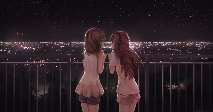 2girls bare_shoulders brown_eyes brown_hair city city_lights cityscape commentary_request from_behind highres long_hair looking_at_another missile228 multiple_girls night night_sky one_side_up open_mouth original railing short_hair short_sleeves shorts sky smile standing star_(sky) starry_sky
