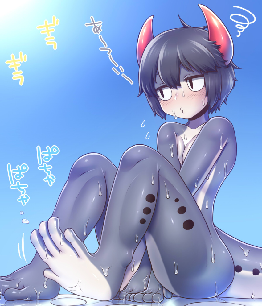 1girl between_legs black_hair blue_sky commentary_request day full_body grey_skin hand_between_legs highres horns hot jitome looking_to_the_side monster_girl multicolored multicolored_skin nude o3o original outdoors paws rantana_(lalalalackluster) short_hair sitting sky solo squiggle tail water_drop white_skin