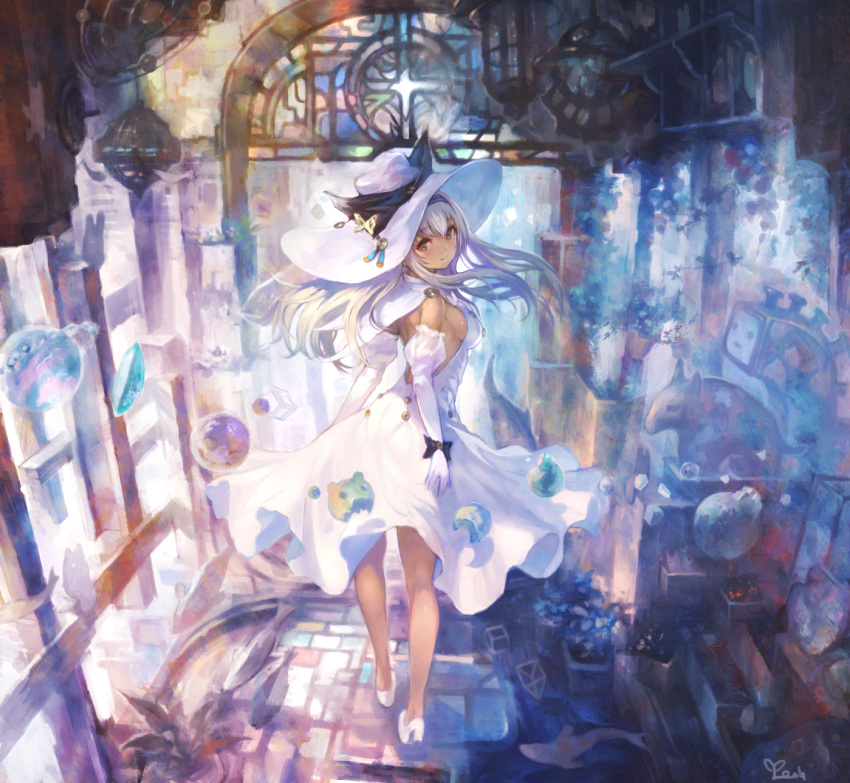1girl abstract_background anteater breasts bubble capelet colorful dark_skin dress elbow_gloves fish gloves green_eyes hairband hat high_heels highres indoors light_smile looking_back open-back_dress original plant potted_plant sideboob signature solo stained_glass white_dress white_gloves white_hair white_hat wind yoshiku_(oden-usagi)