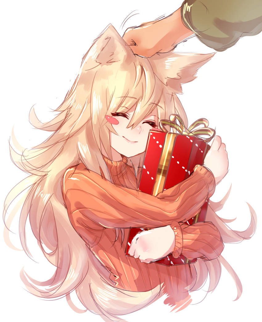 1girl ^_^ absurdres animal_ears blonde_hair blush_stickers closed_eyes closed_mouth commentary_request deluxe&lt;&lt;&lt; gift hand_on_another's_head highres long_hair orange_sweater original petting ribbed_sweater simple_background smile solo_focus sweater white_background