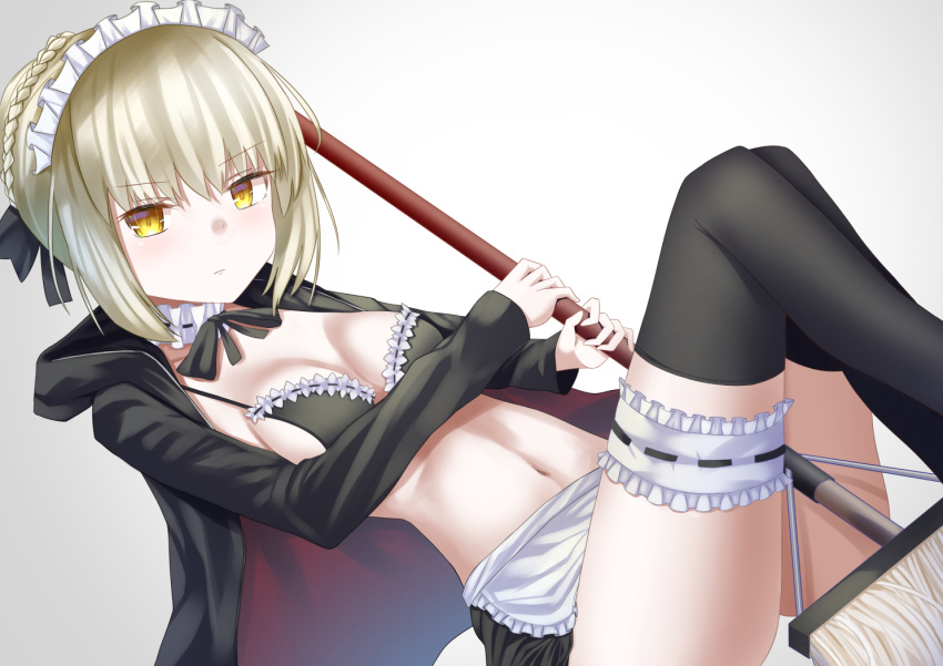 1girl apron artoria_pendragon_(all) artoria_pendragon_(swimsuit_rider_alter)_(fate) bangs between_legs bikini bikini_under_clothes black_bow black_bowtie black_jacket black_legwear black_skirt blonde_hair blush bow bowtie braid breasts breasts_apart broom choker closed_mouth commentary_request cowboy_shot eyebrows_visible_through_hair fate/grand_order fate_(series) fingernails french_braid frilled_apron frilled_choker frilled_skirt frills groin hair_between_eyes hair_bun hands_up holding holding_broom holding_weapon hood hood_down hooded_jacket jacket leg_garter long_sleeves looking_at_viewer maid maid_bikini maid_headdress medium_breasts midriff miniskirt mop navel off_shoulder open_clothes open_jacket saber saber_alter short_hair sidelocks simple_background skirt small_breasts solo staring stomach swimsuit templus thigh-highs tsurime weapon white_apron white_choker yellow_eyes
