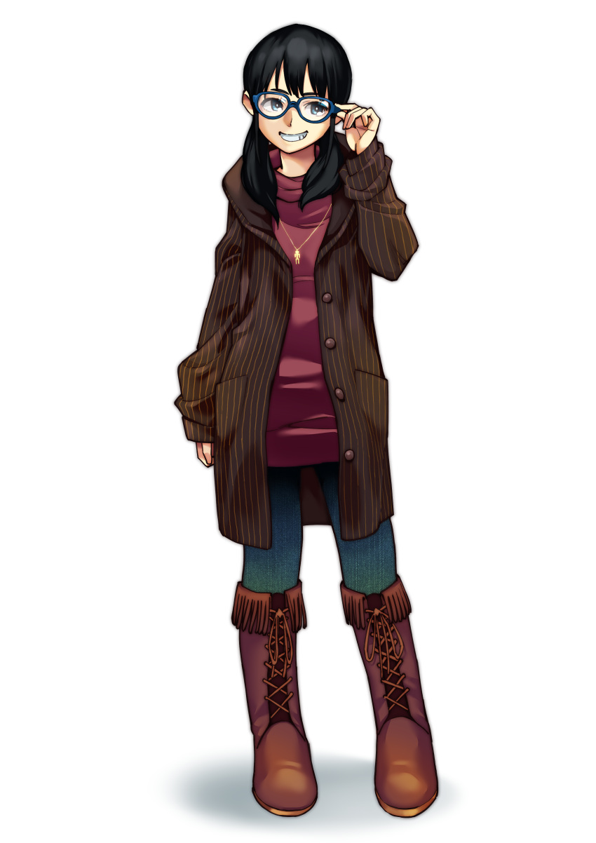 1girl absurdres adjusting_glasses black_hair blue-framed_eyewear blue_eyes boots casual coat denim fashion fujie_yamato glasses grin highres jeans jewelry long_hair necklace original pants smile solo sweater