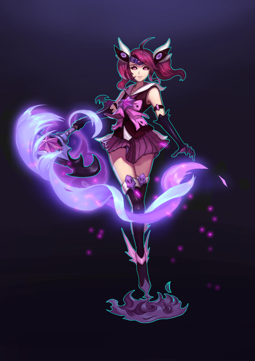 1girl absurdres ahoge black_gloves dark_persona elbow_gloves gloves highres holding holding_staff league_of_legends looking_at_viewer luxanna_crownguard maroon_skirt parted_lips pink_eyes redhead short_hair short_twintails skirt smile solo staff sunset_xi thigh_boots twintails