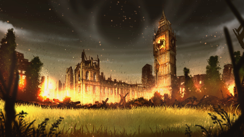 anonamos broken building clouds cloudy_sky commentary_request elizabeth_tower fire grass grey_sky night no_humans outdoors ruins scenery sky sparks tower tree