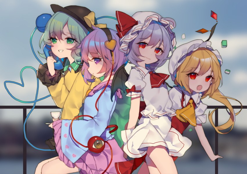 4girls acidear ascot bare_legs bat_wings black_hat blonde_hair blue_shirt bow closed_mouth commentary_request cup day fang flandre_scarlet green_eyes green_hair hairband hat hat_bow hat_ribbon heart heart_of_string komeiji_koishi komeiji_satori long_sleeves looking_at_viewer miniskirt multiple_girls open_mouth outdoors pink_skirt puffy_short_sleeves puffy_sleeves purple_hair red_eyes red_ribbon red_skirt remilia_scarlet ribbon shirt short_hair short_sleeves siblings sisters skirt skirt_set smile standing teacup third_eye touhou vest violet_eyes white_skirt wide_sleeves wings yellow_bow
