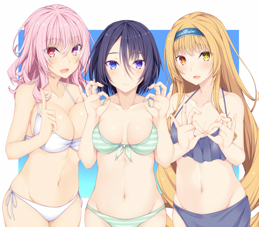 3girls black_hair blue_eyes blush breasts character_request heart heart-shaped_pupils heterochromia large_breasts long_hair looking_at_viewer medium_breasts mirei-san_(suterii) multiple_girls navel nishi_minami open_mouth original pink_eyes pink_hair sarong short_hair suterii symbol-shaped_pupils violet_eyes yellow_eyes