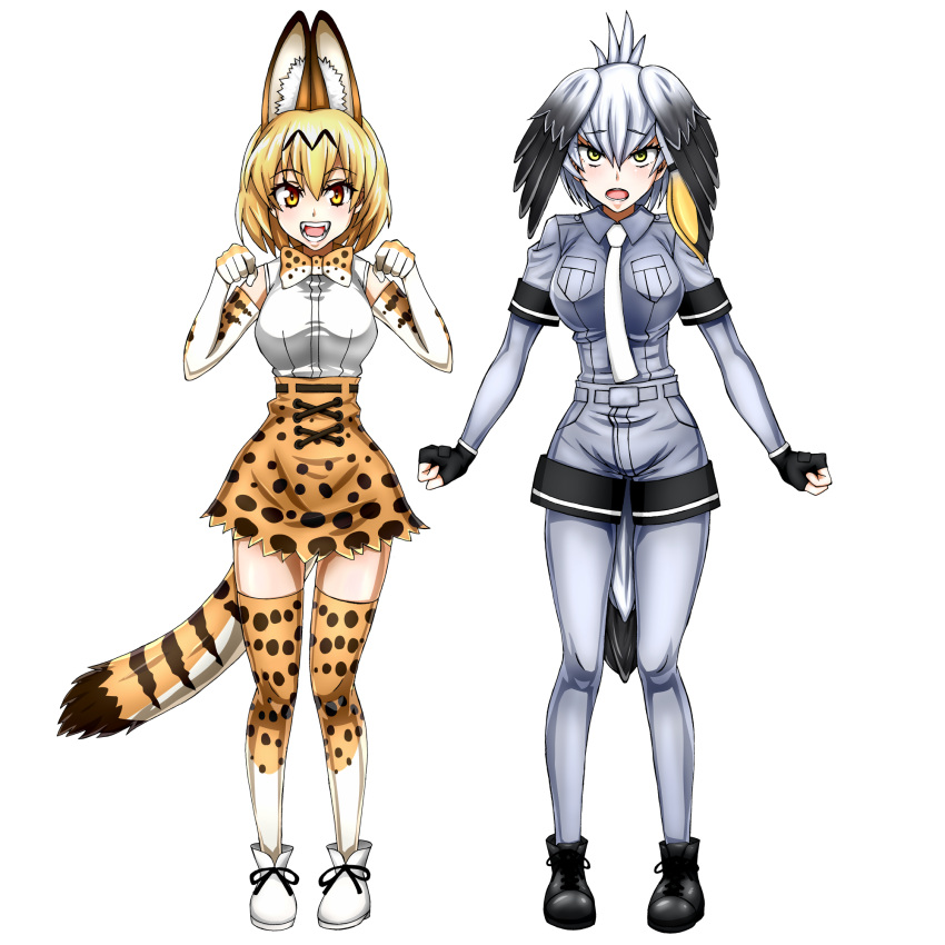 2girls animal_ears belt bickle bird_tail bird_wings black_gloves black_hair bodystocking bow bowtie collared_shirt cross-laced_clothes elbow_gloves eyebrows_visible_through_hair fangs feathered_wings fingerless_gloves gloves grey_hair grey_shirt grey_shorts head_wings high-waist_skirt highres kemono_friends looking_at_viewer low_ponytail multicolored_hair multiple_girls necktie open_mouth orange_hair pocket serval_(kemono_friends) serval_ears serval_print serval_tail shirt shoebill_(kemono_friends) shorts side_ponytail silver_hair skirt sleeveless sleeveless_shirt striped_tail tail tsurime white_necktie wings