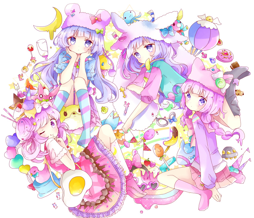 4girls ;q animal_hat aqua_shirt arrow baby_bottle bangs bear_hat bird black_legwear blue_bow blue_hat blue_shirt blunt_bangs blush bottle bow braid bunny_hat cake cake_hair_ornament candy cat_hat chin_rest chocolate_banana chocolate_chip_cookie clam_shell convenient_censoring crescent_moon cup cupcake diagonal_stripes double_scoop dress duck eyebrows_visible_through_hair finger_to_mouth food food_themed_hair_ornament fried_egg frilled_dress frilled_shirt frilled_shoes frills fruit gem giraffe green_bow hair_bun hair_ornament hair_rings hairband_removed hand_mirror hat hat_removed head_tilt headwear_removed heart_balloon high_heels highres hot_air_balloon ice_cream ice_cream_cone jellyfish kneehighs layered_skirt lollipop long_sleeves looking_at_viewer looking_to_the_side low_twintails lying melting mirror moon mouth_hold multiple_girls musical_note nail_polish_bottle no_shoes on_side one_eye_closed original paint paint_tube pennant pill pink_bow pink_dress pink_hair pink_legwear pink_shoes pink_skirt pleated_skirt print_legwear puffy_short_sleeves puffy_sleeves purple_hair purple_shirt purple_skirt puzzle_piece quaver red_bow saucer shark shirt shoes short_sleeves sitting skirt sleeveless sleeveless_dress slice_of_cake smiley_face sparkle star starfish strawberry striped striped_legwear stuffed_animal stuffed_bunny stuffed_cat stuffed_toy sunny_side_up_egg takoyaki tea teacup tongue tongue_out tsukiyo_(skymint) twin_braids twintails ufo undershirt violet_eyes wariza water_gun white_legwear white_shirt wide_sleeves
