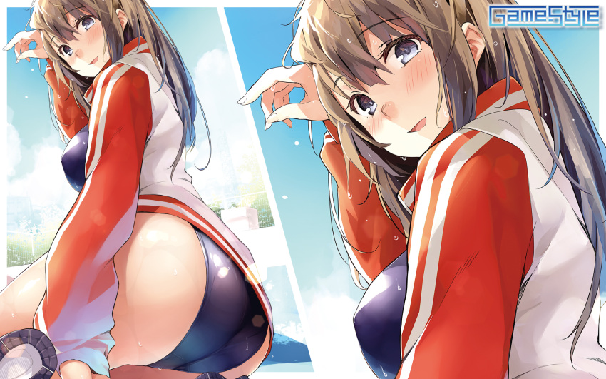 1girl artist_name ass blue_eyes blush breasts brown_hair copyright_name day game-style highres hose jacket kekemotsu long_hair looking_at_viewer medium_breasts multiple_views open_clothes open_jacket open_mouth original pool pool_ladder school_swimsuit shoes sitting sky smile swimsuit wallpaper yokozuwari
