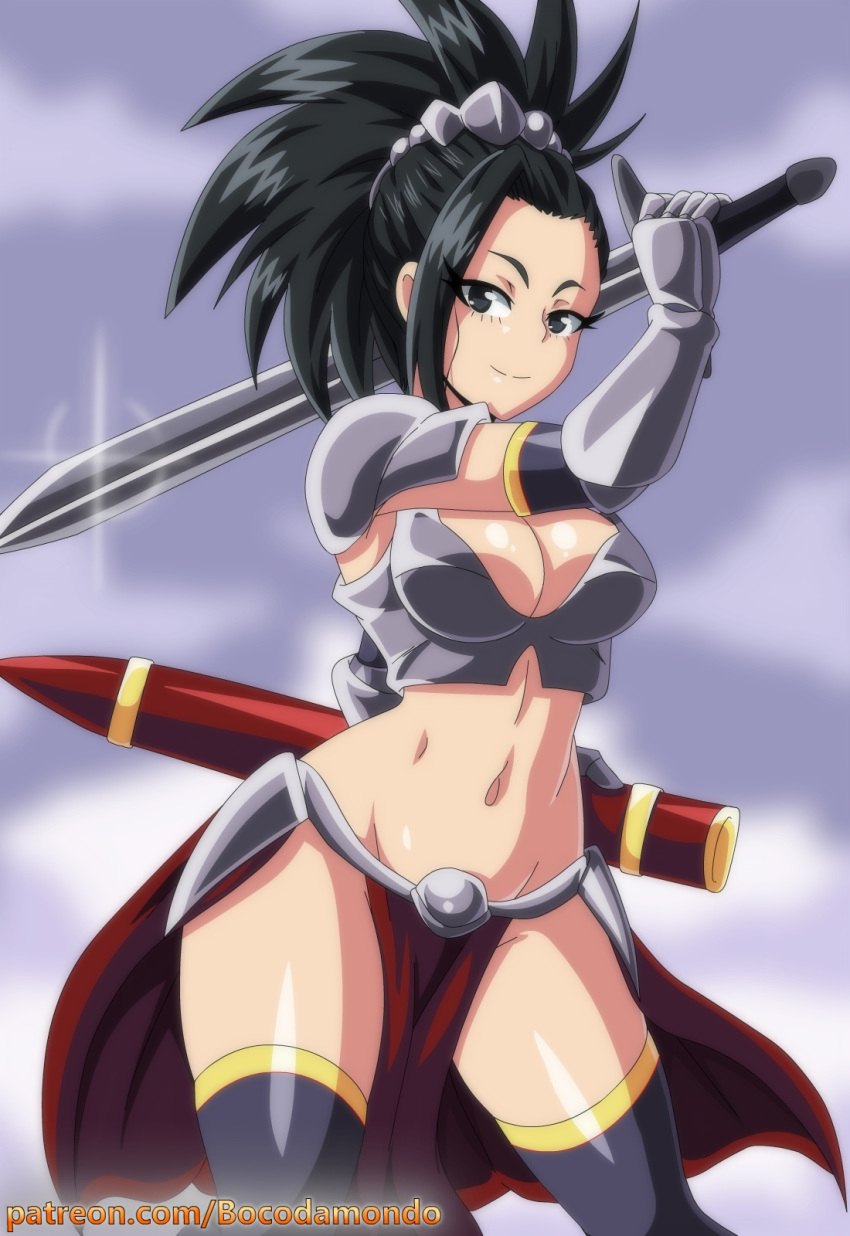 1girl alternate_costume armor black_eyes black_hair bocodamondo boku_no_hero_academia boots breastplate breasts cowboy_shot elbow_gloves gloves groin hair_ornament highres looking_at_viewer medium_breasts midriff navel pelvic_curtain ponytail shoulder_armor smile solo stomach sword thigh-highs thigh_boots weapon yaoyorozu_momo