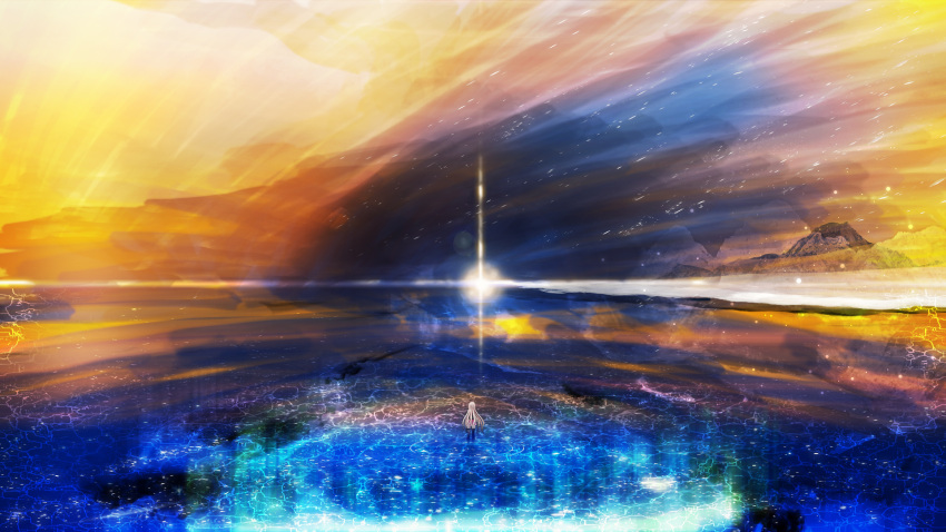 1girl highres ia_(vocaloid) long_hair mountain night night_sky orange_sky scenery sky solo standing standing_on_liquid star_(sky) starry_sky sunrise vocaloid water water_surface y_y_(ysk_ygc)