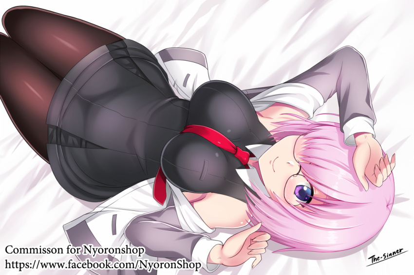 1girl armpits artist_name bangs bare_shoulders bed_sheet between_breasts black-framed_eyewear black_dress black_legwear blush breasts closed_mouth dress eyebrows eyebrows_visible_through_hair eyelashes fate/grand_order fate_(series) glasses grey_hoodie grey_jacket hair_over_one_eye hood hoodie jacket large_breasts lavender_hair long_sleeves looking_at_viewer lying midriff nail_polish necktie on_back open_clothes open_hoodie open_jacket pantyhose pocket red_necktie semi-rimless_glasses shielder_(fate/grand_order) shiny shiny_clothes shiny_hair shiny_skin short_hair signature simple_background smile solo the-sinner thigh-highs violet_eyes watermark web_address