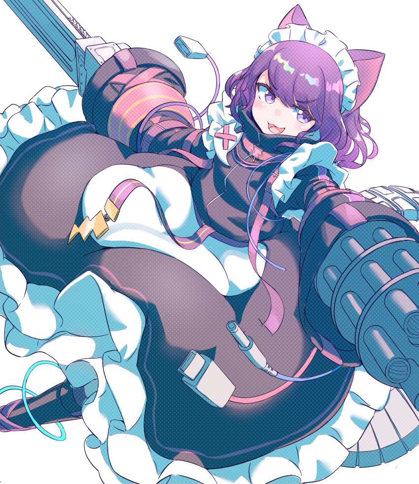 1girl :3 absurdres animal_ears bangs black_dress cat_ears cat_girl chainsaw dress gatling_gun highres indie_virtual_youtuber kuromiya_tima long_hair long_sleeves lowlandgorilla maid maid_headdress open_mouth purple_hair smile solo violet_eyes virtual_youtuber