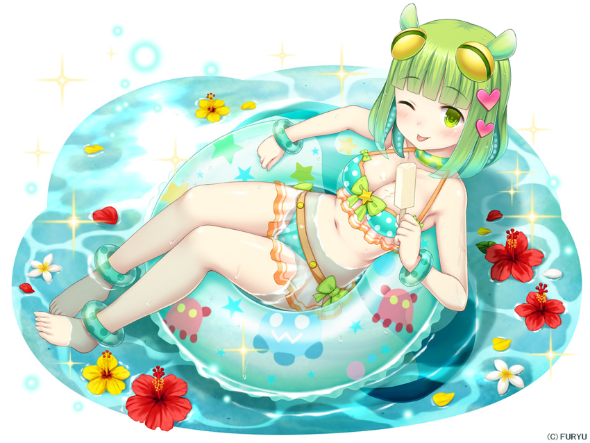 1girl ;p animal_ears aqua_bikini bangs bare_arms bare_shoulders barefoot bikini bikini_skirt blue_wings blunt_bangs blush bow breasts chenowa_(monmusume-harem) cleavage collarbone company_name day dripping eyebrows_visible_through_hair feet floaties flower food from_above full_body green_bow green_hair hair_ornament halter_top halterneck heart_hair_ornament hibiscus holding holding_food innertube light_particles looking_at_viewer low_wings medium_breasts monmusume-harem monster_girl multicolored multicolored_bikini multicolored_clothes namaru_(summer_dandy) navel official_art one_eye_closed pale_skin petals polka_dot polka_dot_bikini popsicle red_flower see-through shiny shiny_hair short_hair sitting smile soaking_feet solo sparkle star swimsuit tentacle_hair toes tongue tongue_out water wet wet_hair white_background white_flower wings yellow_flower