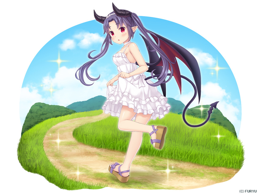 1girl :o bare_arms bare_shoulders black_wings blue_sky blush breasts choker clouds collarbone company_name day demon_girl demon_horns demon_tail demon_wings dress eyebrows_visible_through_hair from_behind full_body grass hair_ornament hill horns leg_up long_hair looking_at_viewer looking_back medium_breasts monmusume-harem namaru_(summer_dandy) official_art outdoors path platform_footwear pointy_ears purple_hair red_eyes red_wings richelle_(monmusume-harem) road sandals shiny shiny_skin short_dress skirt_hold sky solo sparkle standing standing_on_one_leg sundress tail twintails white_background white_choker white_dress wings