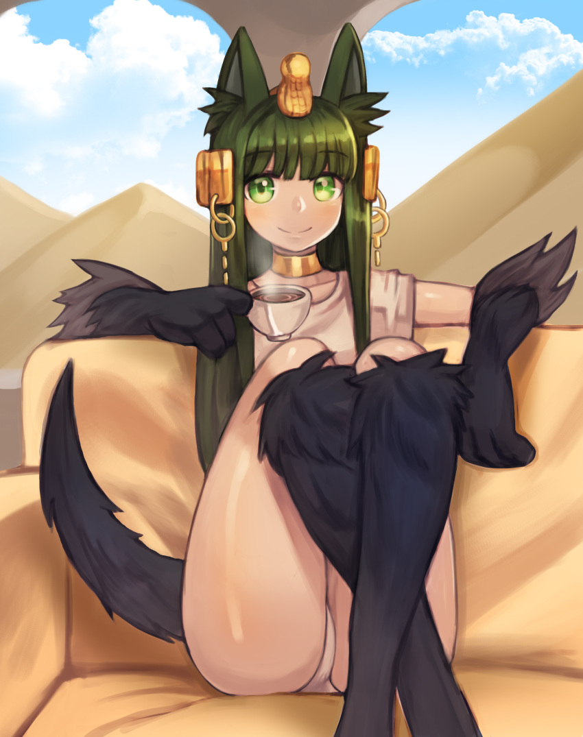 1girl absurdres animal_ears anubis_(monster_girl_encyclopedia) blush character_request closed_mouth cup dog_ears dog_tail eyebrows_visible_through_hair green_eyes green_hair highres holding holding_cup long_hair looking_at_viewer monster_girl monster_girl_encyclopedia sitting smile solo sookmo tail tea teacup