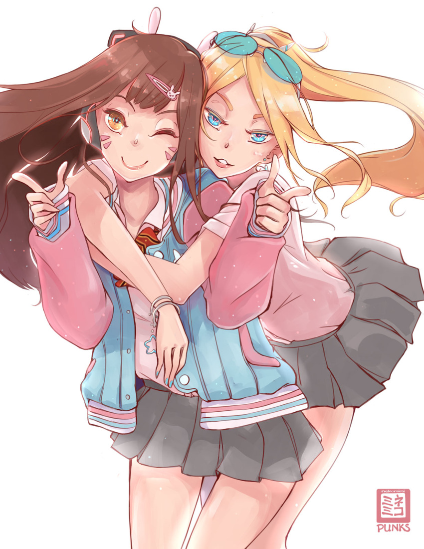 2girls ;) blizzard blonde_hair blue_eyes blue_nails bracelet brown_eyes brown_hair d.va_(overwatch) earrings headphones heroes_of_the_storm highres hug hug_from_behind index_finger_raised jacket jewelry leaning_forward letterman_jacket long_hair looking_at_viewer miniskirt multiple_girls nail_polish nekomimipunks nova_(starcraft) one_eye_closed open_clothes open_jacket overwatch parted_lips pleated_skirt ponytail school_uniform skirt smile starcraft sunglasses sunglasses_on_head