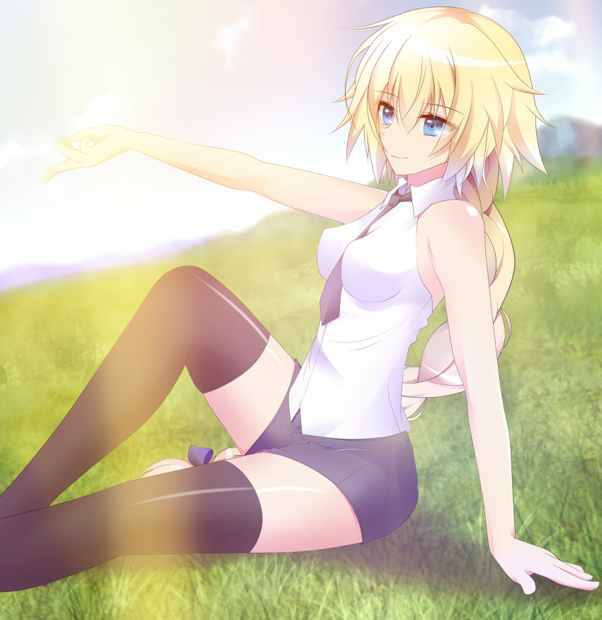 1girl arm_support bare_shoulders between_breasts black_legwear black_shorts blonde_hair blue_eyes blurry blurry_background bow braid breasts day erect_nipples eyes_visible_through_hair fate/apocrypha fate_(series) hair_bow halterneck highres light_smile long_hair medium_breasts necktie necktie_between_breasts outdoors outstretched_arm photo_background ruler_(fate/apocrypha) shorts single_braid sitting smile thigh-highs very_long_hair yahoo0124