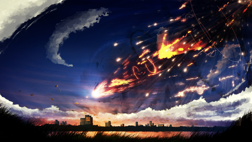 blue_sky building city clouds fire flare grass highres lake meteor night night_sky no_humans original scenery sky y_y_(ysk_ygc)