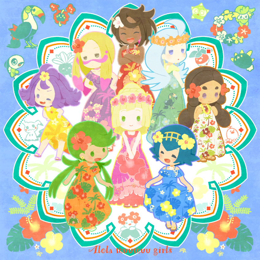 6+girls acerola_(pokemon) bellossom bird blonde_hair blue_hair bounsweet brown_hair closed_eyes closed_mouth comfey cosmog diglett dress dress_lift earrings facepaint feather_earrings floral_background floral_print flower green_hair hair_flower hair_ornament hapu'u_(pokemon) head_wreath hibiscus hibiscus_print highres hula jewelry kahili_(pokemon) lei lillie_(pokemon) lychee_(pokemon) mallow_(pokemon) matsurika_(pokemon) mimikyu minior minior_(shields_down) mitsuboshi multicolored_hair multiple_girls necklace oddish open_mouth pokemon pokemon_(creature) pokemon_(game) pokemon_sm pyukumuku sandals suiren_(pokemon) toucan toucannon wishiwashi