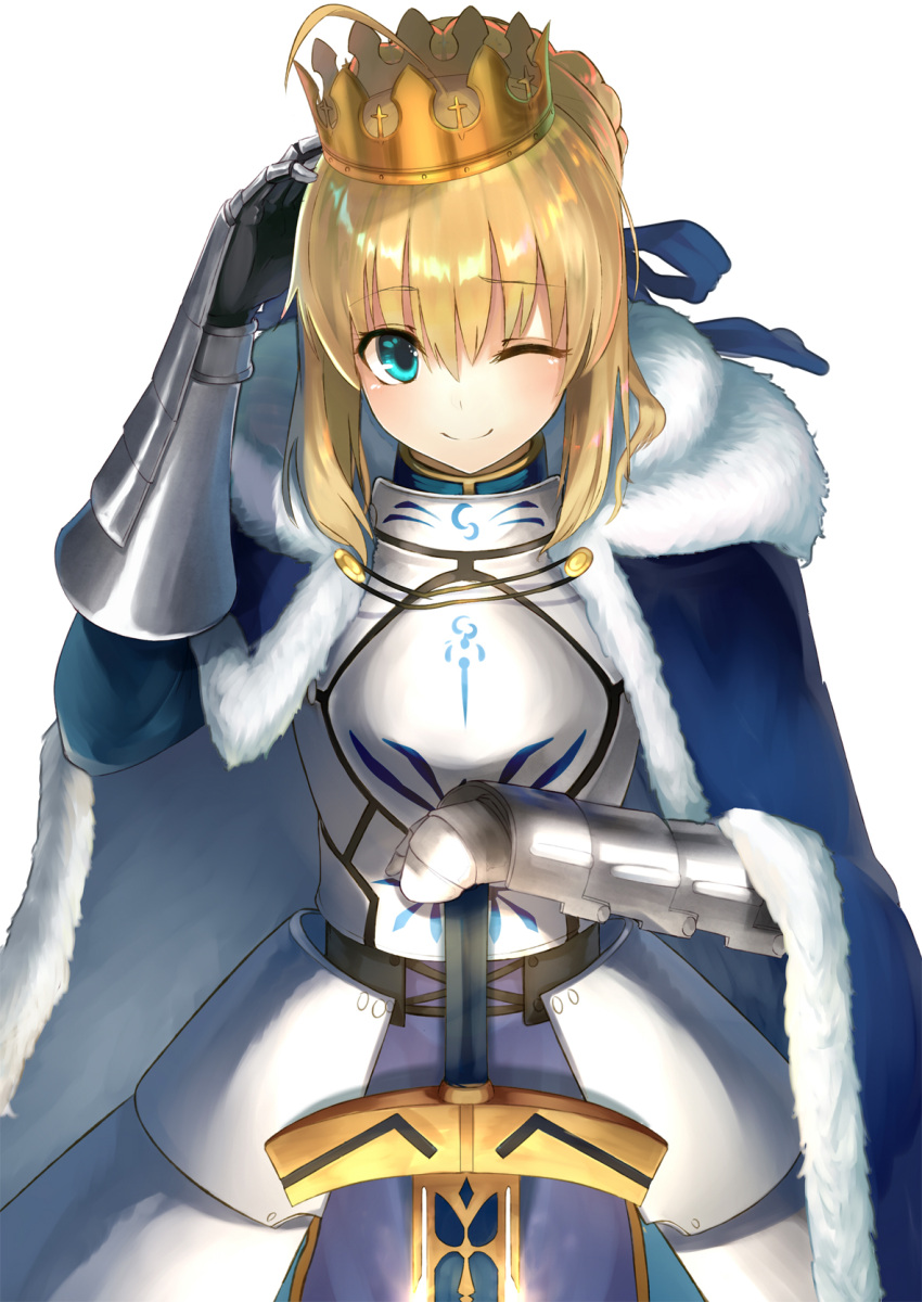 1girl ahoge aqua_eyes arm_up artoria_pendragon_(all) bangs blonde_hair blue_ribbon blush braid breastplate cloak closed_mouth cowboy_shot crown excalibur eyebrows_visible_through_hair fate/stay_night fate_(series) faulds french_braid fur_trim gauntlets hair_between_eyes hair_ribbon highres jazztaki looking_at_viewer one_eye_closed planted_sword planted_weapon ribbon saber scratching_head shiny shiny_hair short_hair_with_long_locks simple_background smile solo sword weapon white_background