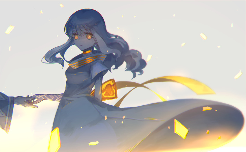 1girl breasts corruption dress fate/extella fate/extra fate_(series) glowing glowing_eyes hand_holding highres kishinami_hakuno_(female) long_hair looking_at_viewer short_sleeves small_breasts solo_focus yellow_eyes