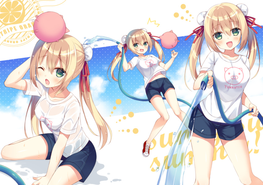 1girl blonde_hair green_eyes long_hair looking_at_viewer navel one_eye_closed original see-through shorts sitting solo standing sumisaki_yuzuna twintails water wet wet_clothes