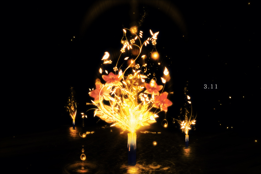 bird black_background bubble candle fire flame flower highres no_humans original reflection scenery water water_drop y_y_(ysk_ygc)