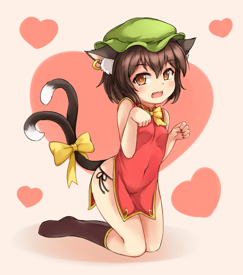 1girl :3 animal_ears bare_arms black_legwear black_panties breasts brown_eyes brown_hair bushi_(1622035441) cat_ears cat_tail chen china_dress chinese_clothes covered_navel dress eyebrows_visible_through_hair fangs green_hat hat heart highres jewelry kneehighs kneeling looking_at_viewer mob_cap multiple_tails nail_polish panties red_nails short_dress side-tie_panties side_slit single_earring small_breasts solo tail touhou two_tails underwear