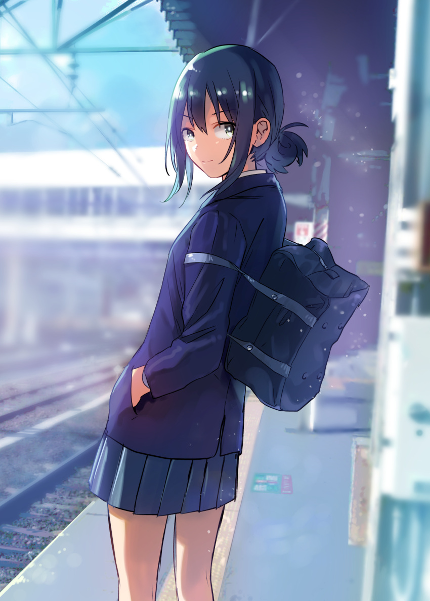 1girl bag black_eyes black_hair blazer hair_bun highres jacket long_hair looking_at_viewer miniskirt original pleated_skirt railroad_tracks school_bag school_uniform sidelocks skirt solo toyosaka train_station