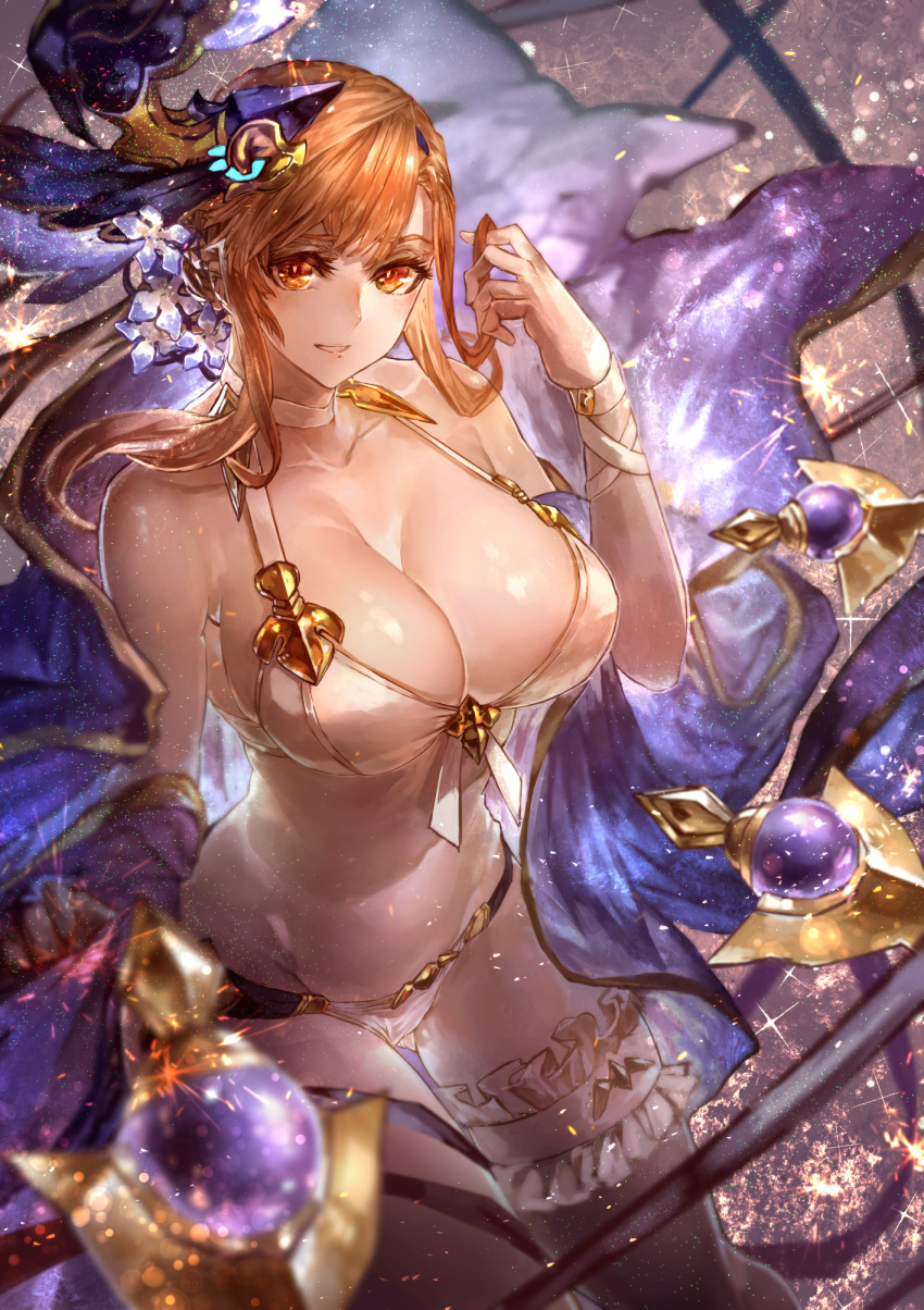 1girl arm_at_side bare_arms bare_shoulders bikini bracelet breasts brown_eyes brown_hair choker cleavage collarbone cowboy_shot flower front-tie_bikini front-tie_top glint gluteal_fold granblue_fantasy groin hair_flower hair_ornament hair_twirling halter_top halterneck hand_in_hair hand_up highres jewelry large_breasts leg_garter long_hair looking_at_viewer no_navel open_mouth orange_eyes orange_hair parted_lips sidelocks signo_aaa smile solo song_(granblue_fantasy) sparkle swimsuit thigh_strap white_choker