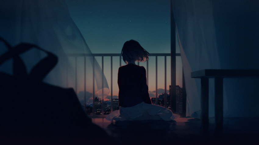 1girl backlighting blurry cityscape clouds commentary_request curtains depth_of_field from_behind highres looking_afar original rella short_hair solo star_(sky) wind