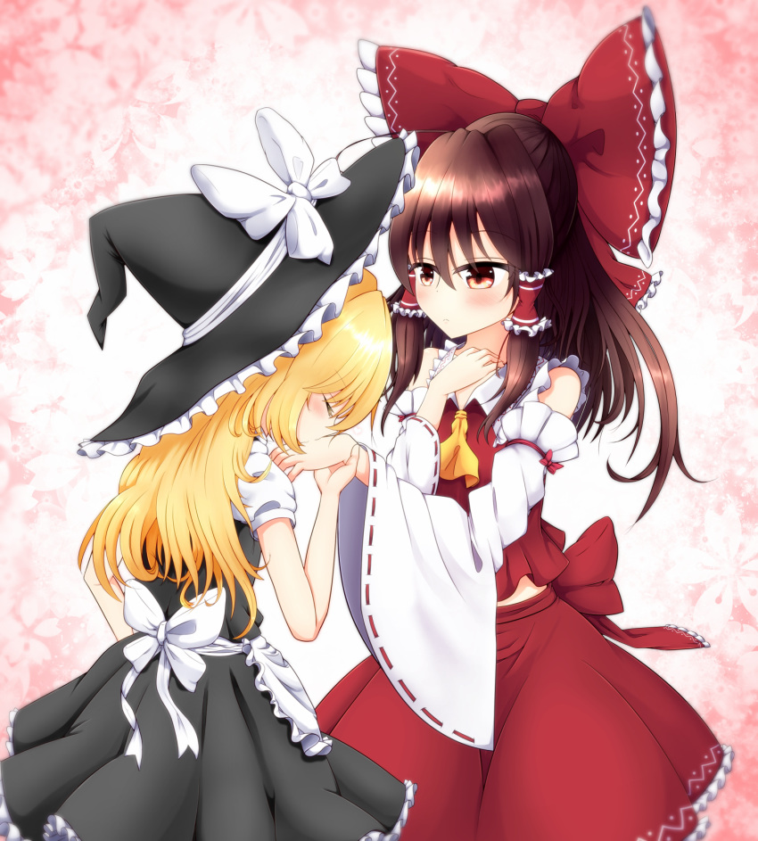 2girls apron black_dress black_hat blonde_hair blush bow brown_eyes brown_hair closed_eyes detached_sleeves dress floral_background frilled_dress frills hair_bow hair_tubes hakurei_reimu hand_kiss hat hat_bow hat_ribbon highres kirisame_marisa kiss long_hair looking_at_another multiple_girls puffy_short_sleeves puffy_sleeves rankasei red_bow red_shirt red_skirt ribbon ribbon-trimmed_sleeves ribbon_trim shirt short_sleeves skirt skirt_set touhou waist_apron white_bow white_ribbon witch_hat yuri