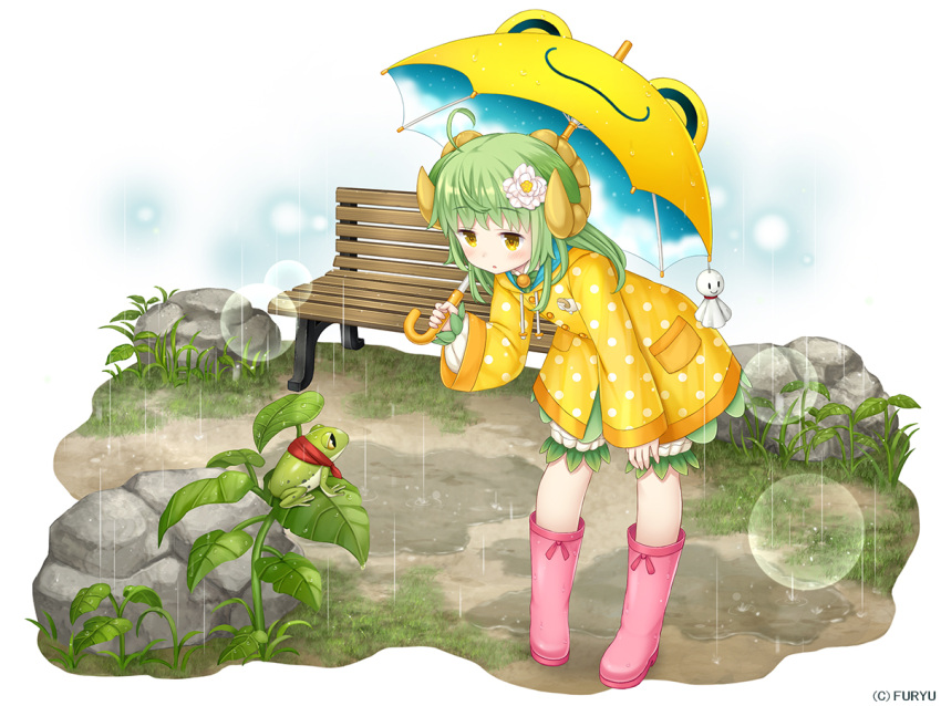 1girl :o ahoge animal_ears asatsuki_(monmusume-harem) bangs bench boots buttons company_name drawstring eyebrows_visible_through_hair flower frog full_body grass green_hair hair_flower hair_ornament holding holding_umbrella horns leaning_forward lens_flare light_particles long_hair long_sleeves looking_down monmusume-harem namaru_(summer_dandy) official_art orange_coat outdoors pink_boots pocket polka_dot puddle rain raincoat red_scarf rock rubber_boots scarf sheep_ears sheep_girl sheep_horns shiny shiny_hair solo standing teruterubouzu umbrella white_background white_flower yellow_eyes yellow_umbrella