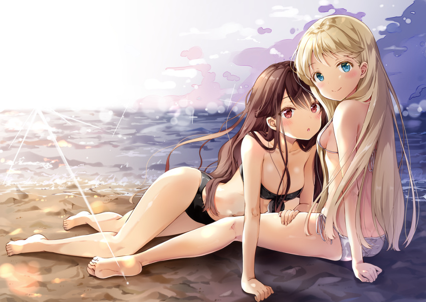 2girls arm_support bandeau bare_legs bare_shoulders barefoot beach bikini black_bikini blonde_hair blue_eyes blush breasts brown_hair cleavage closed_mouth day feet hair_over_breasts hand_on_another's_thigh long_hair looking_at_viewer lying medium_breasts multiple_girls navel open_mouth original outdoors red_eyes side-tie_bikini sideboob sitting small_breasts smile sparkle sunlight swimsuit white_bikini yoshida_iyo yuri