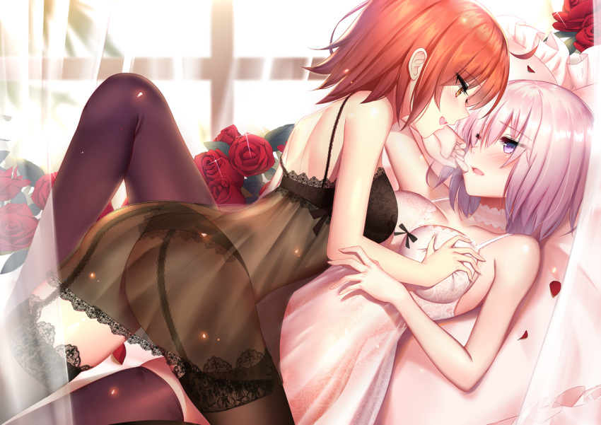 2girls ass black_bra black_legwear black_panties blush bra breast_grab breasts face-to-face fate/grand_order fate_(series) flower fujimaru_ritsuka_(female) garter_straps grabbing lace lace-trimmed_thighhighs looking_at_another lying meaomao multiple_girls on_back one_eye_closed open_mouth panties petals purple_hair rose shielder_(fate/grand_order) short_hair thigh-highs underwear violet_eyes window yuri