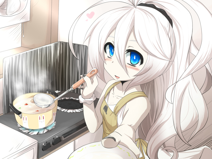 10s 1girl apron black_nails blue_eyes blush comic commentary_request cooking dress fan foreshortening gomasamune hair_between_eyes hair_ornament hair_scrunchie heart highres kantai_collection ladle looking_at_viewer nail_polish open_mouth outstretched_arm ponytail pov saucer scrunchie shinkaisei-kan sleeveless sleeveless_dress smile solo stew stove submarine_new_hime translation_request white_hair wrist_scrunchie
