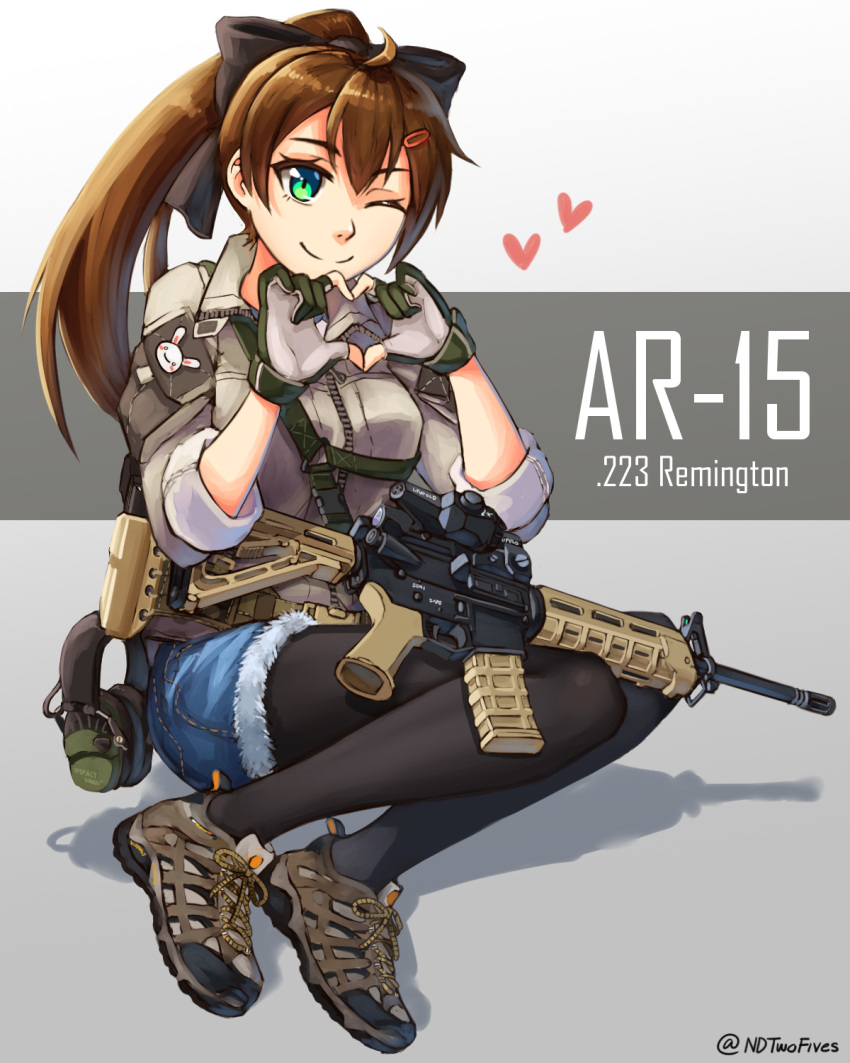 1girl ;) ahoge ar-15 assault_rifle black_legwear brown_hair cutoffs denim denim_shorts ear_protection full_body gloves green_eyes gun hair_ornament hairclip heart heart_hands highres long_hair looking_at_viewer ndtwofives one_eye_closed operator original pantyhose partly_fingerless_gloves ponytail rifle shoes shorts sitting sleeves_rolled_up sling smile sneakers solo stanag_magazine wariza weapon