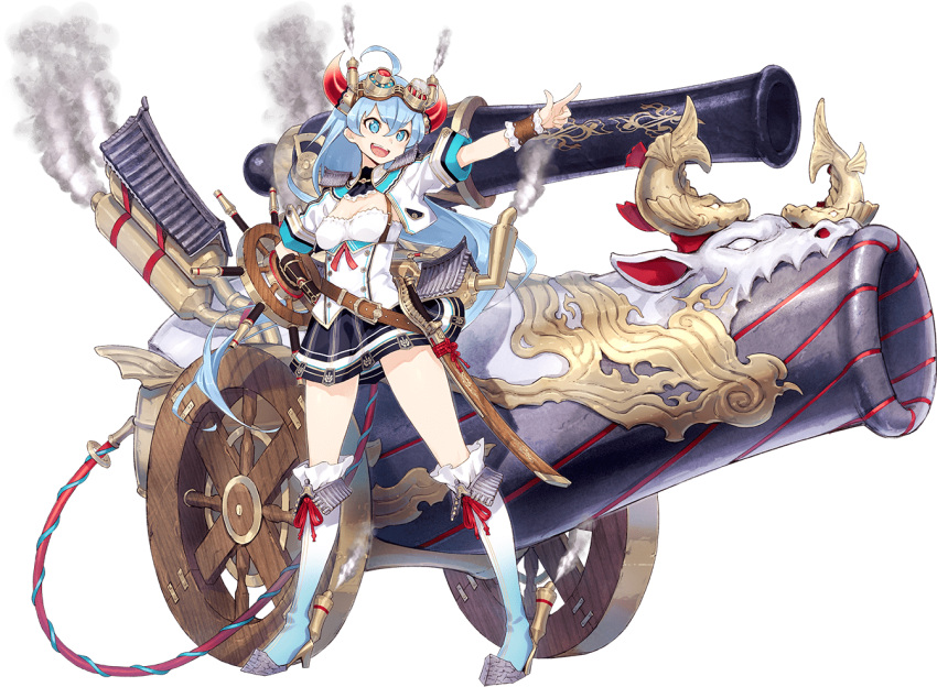 &gt;:d 1girl :d blue_eyes blue_hair boots cannon full_body fuyuno_yuuki goggles goggles_on_head official_art open_mouth oshiro_project oshiro_project_re skirt smile sword transparent_background uwajima_(oshiro_project) weapon white_skirt