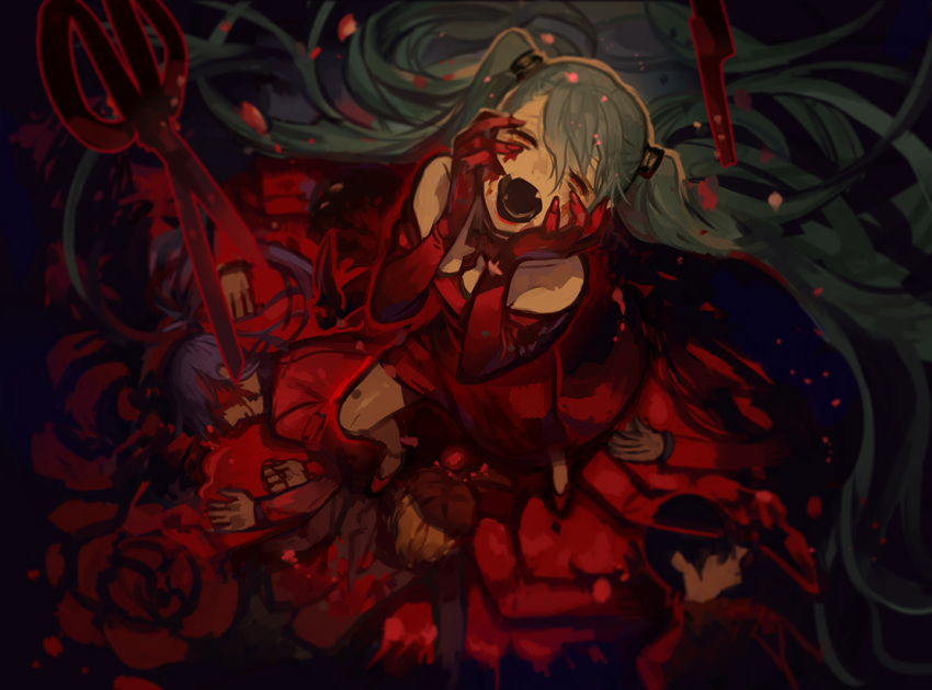 1girl 3girls absurdly_long_hair blood blood_on_face bloody_hair closed_eyes corpse dress floating_hair from_above gloves green_hair hair_ornament hatsune_miku koby long_hair multiple_girls nail_polish open_mouth red_dress red_gloves red_lips red_nails scissors standing twintails very_long_hair vocaloid