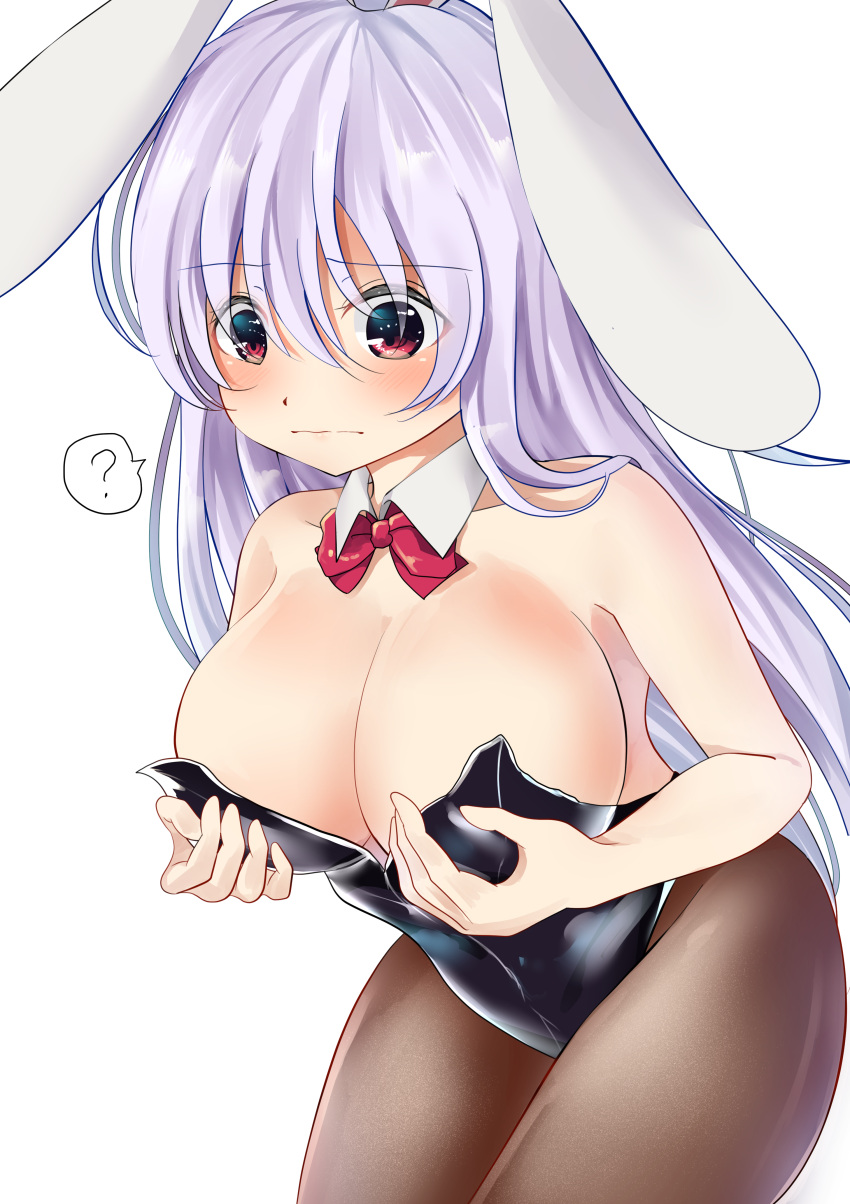 1girl ? absurdres animal_ears bare_arms bare_shoulders black_legwear black_leotard blush bow bowtie breasts bunnysuit cleavage commentary_request cowboy_shot detached_collar hair_between_eyes highres large_breasts leotard long_hair miri_(miri0xl) pantyhose purple_hair rabbit_ears red_bow red_bowtie red_eyes reisen_udongein_inaba simple_background solo spoken_question_mark touhou very_long_hair white_background