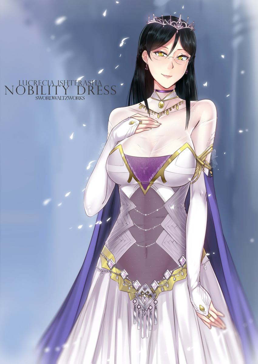 1girl absurdres artist_name black_hair blurry braid breasts bridal_gauntlets character_name choker closed_mouth covered_navel depth_of_field dress earrings english eyebrows_visible_through_hair glasses hair_between_eyes hand_on_own_chest head_tilt highres jewelry large_breasts long_hair lucrecia_ishterasha original rimless_glasses smile solo swordwaltz tiara white_dress yellow_eyes