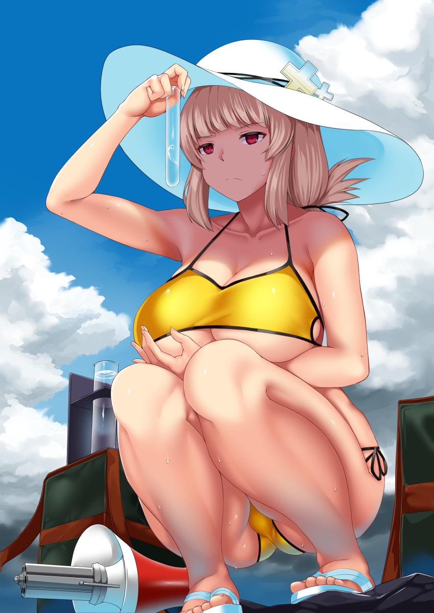 1girl absurdres bag bangs bikini blue_sky blush breast_hold breasts cleavage closed_mouth clouds cloudy_sky collarbone day eyebrows_visible_through_hair fate/grand_order fate_(series) florence_nightingale_(fate/grand_order) frown hair_ribbon half-closed_eyes hat highres hitotsuki_nebura holding jacket_on_shoulders large_breasts legs_together long_hair megaphone open_clothes outdoors pink_hair red_eyes ribbon sandals short_sleeves shoulder_bag side-tie_bikini sidelocks sky solo squatting sun_hat sweat swimsuit test_tube thighs tsurime under_boob yellow_bikini