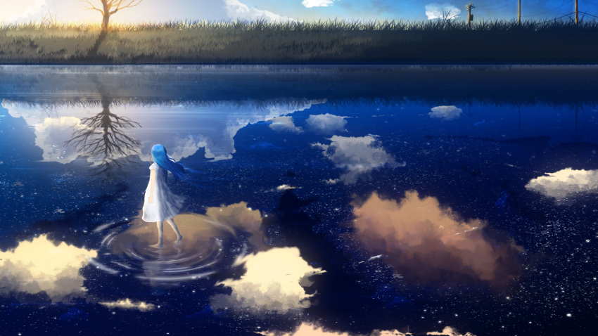 1girl bare_arms bare_tree barefoot blue_hair blue_sky clouds cloudy_sky dress highres lake long_hair night night_sky original reflection ripples scenery sky solo star_(sky) starry_sky sunrise telephone_pole tree walking walking_on_liquid water water_surface white_dress y_y_(ysk_ygc)