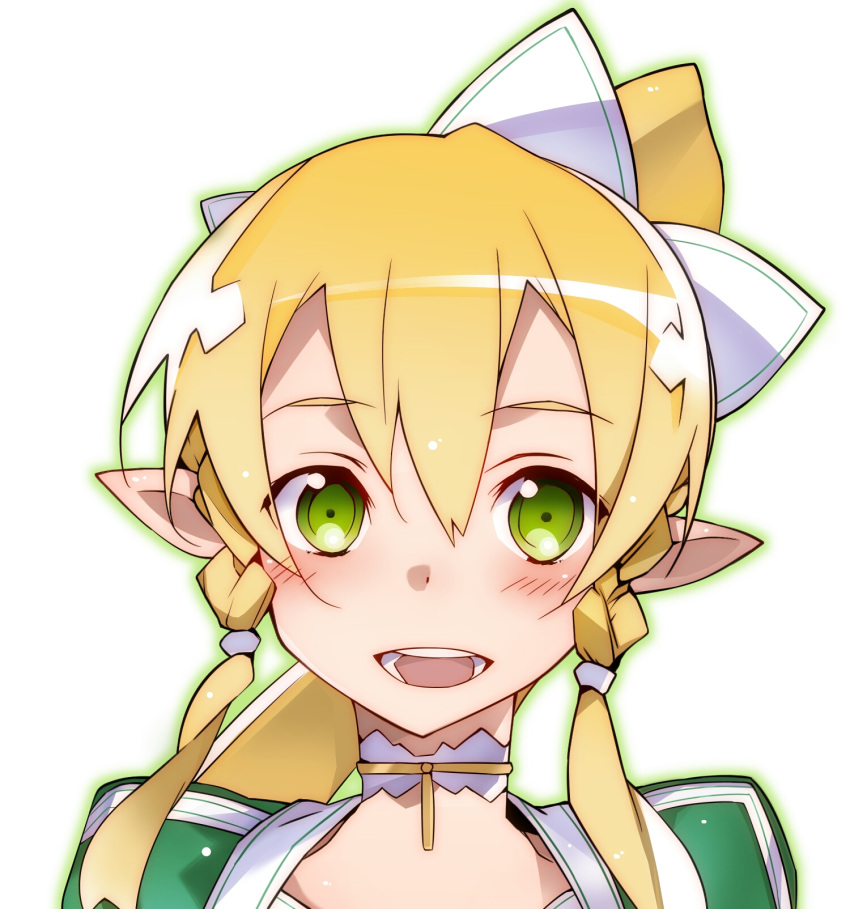 1girl blonde_hair choker green_eyes hair_ornament highres leafa long_hair looking_at_viewer open_mouth pointy_ears ponytail portrait sidelocks simple_background smile solo sword_art_online white_background yoru_kiri