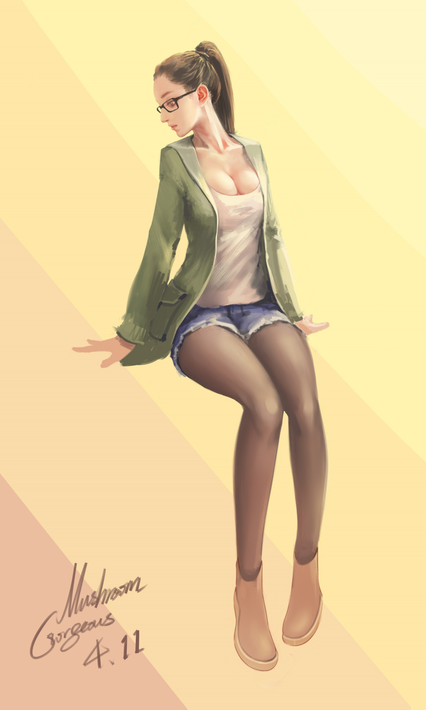 1girl absurdres artist_name boots breasts brown_hair cleavage collarbone dated glasses gorgeous_mushroom highres jacket legs_together long_hair looking_away original pantyhose ponytail shirt shorts signature simple_background solo yellow_background
