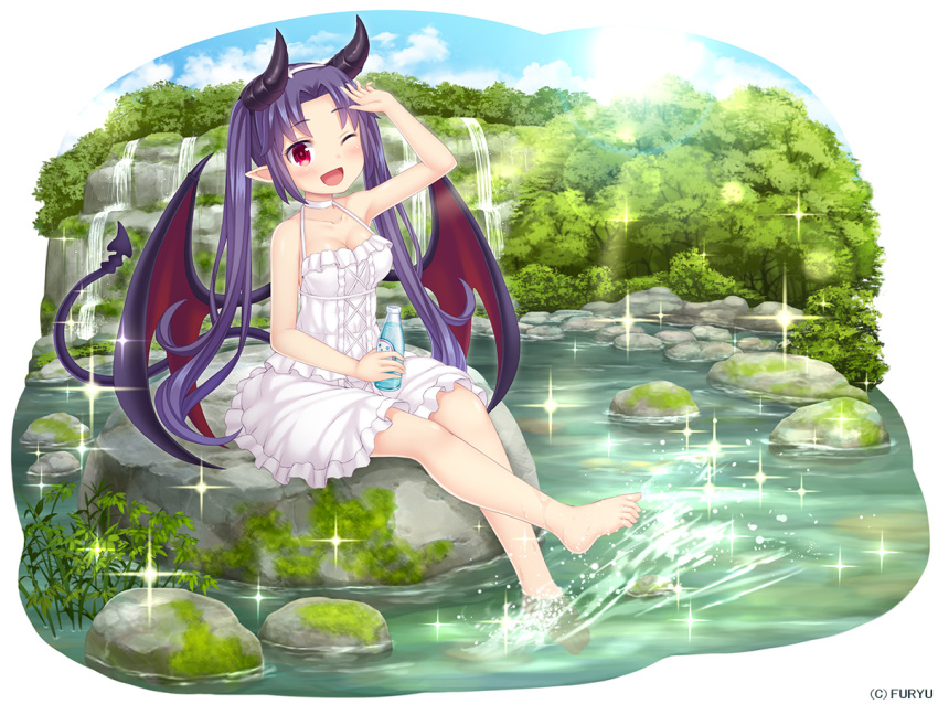 1girl ;d bare_arms bare_shoulders barefoot black_wings blue_sky blush bottle breasts choker clouds collarbone company_name day demon_girl demon_horns demon_tail demon_wings dress drink eyebrows_visible_through_hair feet full_body hair_ornament hand_up holding holding_bottle horns lens_flare long_hair looking_at_viewer medium_breasts monmusume-harem moss namaru_(summer_dandy) nature official_art one_eye_closed open_mouth outdoors pointy_ears pond purple_hair red_eyes red_wings richelle_(monmusume-harem) shiny shiny_skin short_dress sitting sky smile solo sparkle splashing sundress tail tree twintails water waterfall white_background white_choker white_dress wings