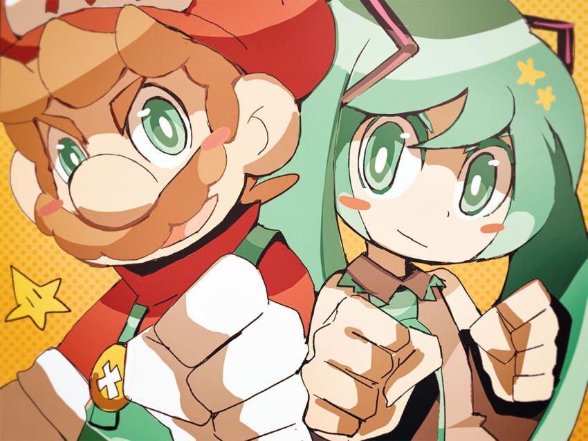 1boy 1girl aqua_eyes aqua_hair bare_shoulders blush_stickers brown_hair clenched_hands commentary_request crossover facial_hair gloves hair_ornament hat hatsune_miku long_hair looking_at_viewer mario super_mario_bros. mustache necktie open_mouth overalls red_shirt shirt short_hair sleeveless smile star super_mario_bros. twintails uroad7 vocaloid white_gloves